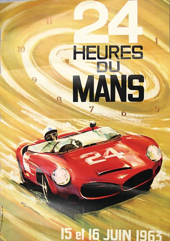 racing poster 24 Heures du Mans, 1963, motif Ferrari: racing poster 24 Heures du Mans, 1963, motif Ferrari 330 TRI/LM, 57,5 x 39 cm, folded, condition 2.3 German Description Rennplakat 24 Heures du Mans, 1963, Motiv Ferrari 330 TRI/LM, 57,5 x 39 cm, gefa