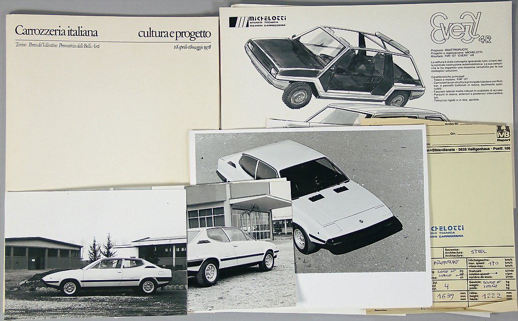 CARROZERIA MICHELOTTI press kit from 1978 with 17 B/W: CARROZERIA MICHELOTTI press kit from 1978 with 17 B/W press photos and 7 one page flyers of different prototypes e. g. Pulsar on base of Fiat 128 from 1971, Flares on base of Fiat 132 from 1972, compa