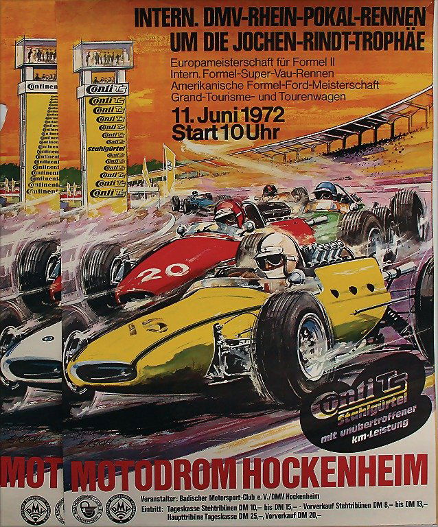 mixed lot 4 racing posters, international DMV Rhine-cup: mixed lot 4 racing posters, international DMV Rhine-cup-race, Motodrom Hockenheim, 1968 (fold and tear at the lower edge), 1970, 1972 (right page 1 pieces missing), and 1974, 84 x 49 cm, good conditio