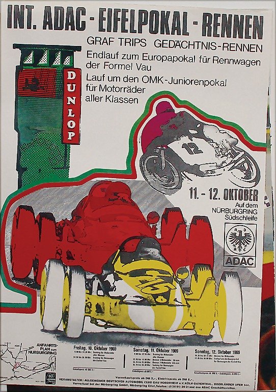 mixed lot 5 racing posters, No. 1: 3x ADAC Eifel-cup-ra: mixed lot 5 racing posters, No. 1: 3x ADAC Eifel-cup-race 1968 Nürburgring, No. 2: international ADAC Eifel-cup-race 1969 Nürburgring, No. 3: "Die Erfolgreichen fahren Motorenöl von Shell" (Alfa Ro