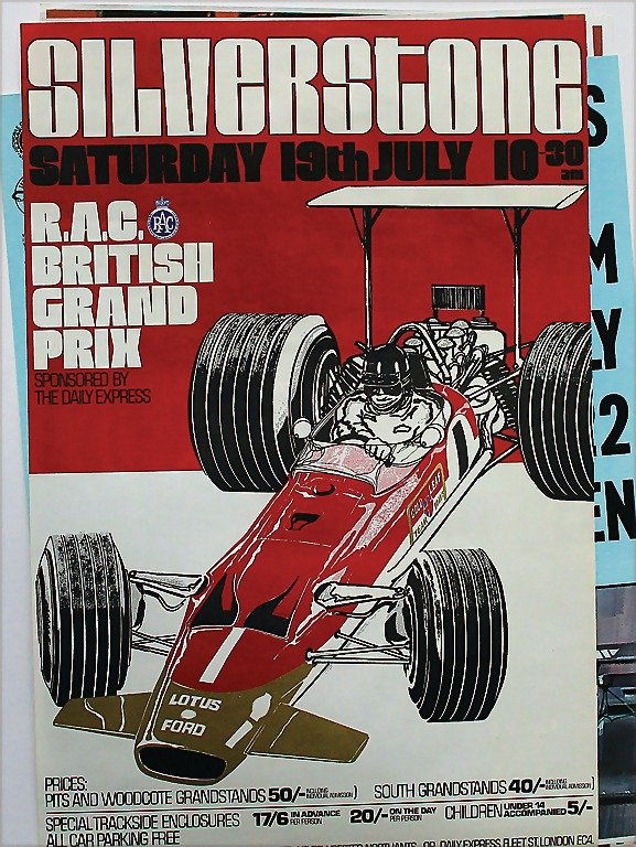 mixed lot 7 event poster, No. 1: 5x John Player Grand P: mixed lot 7 event poster, No. 1: 5x John Player Grand Prix Brands Hatch, 76 x 51 cm, No. 2: 6 Hours and the CanAm 1973, 71 x 56 cm, No. 3: Silverstone British Grand Prix, 76 x 50 cm, condition 2 Germa