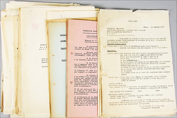 F.I.A./C.S.A.I. 1963/64, more than 100 pages regarding : F.I.A./C.S.A.I. 1963/64, more than 100 pages regarding the homologations for the year 1965 with fixing of the output figures, fixing of the homologation regulations of all vehicles, groups, among them