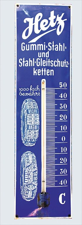 enamel sign "Hetz Thermometer", manufacturer Ferro-Emai: enamel sign "Hetz Thermometer", manufacturer Ferro-Emaille, stencilled, with slight traces of usage, size 24 x 92 cm, condition 2 German Description Emailleschild "Hetz Thermometer", Hersteller Ferro-