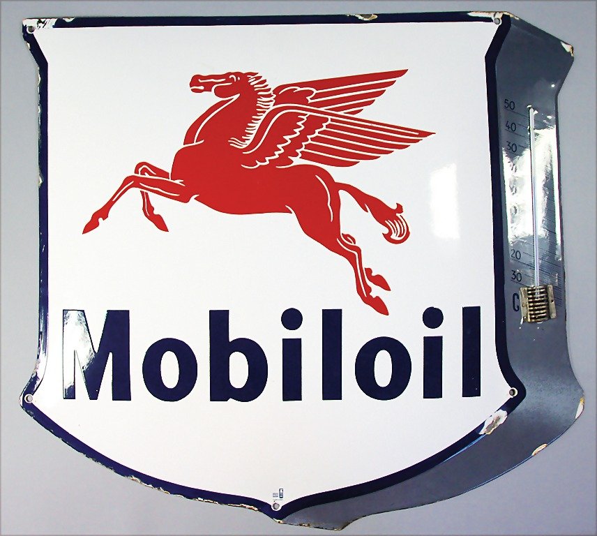 enamel sign "Mobiloil" with thermometer, manufacturer B: enamel sign "Mobiloil" with thermometer, manufacturer Booshan, stencilled, with some flaked off parts at enamel and traces of usage, sizes 60 x 65 cm, condition 2- German Description Emailleschild "Mo