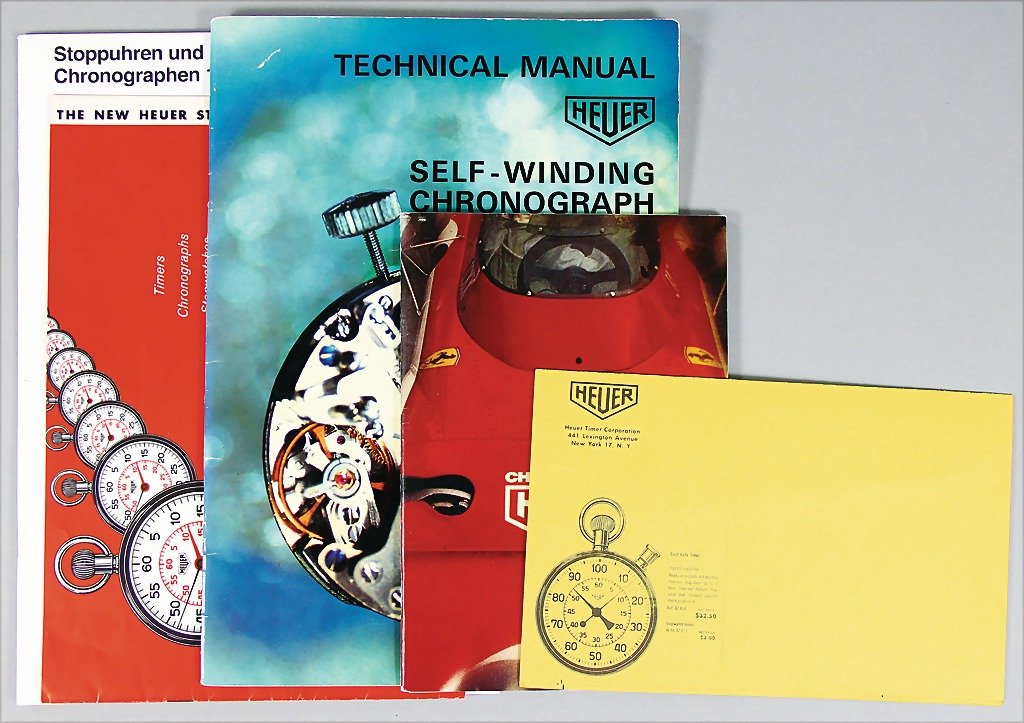 HEUER mixed lot 5 parts, No. 1: catalog stopwatches and: HEUER mixed lot 5 parts, No. 1: catalog stopwatches and chronographs 1968/69, No. 2: catalog 1961-62, No. 3: catalog Technical Manual 1970, No. 4: brochure Dashboard Timers, No. 5: catalog Heuer chron