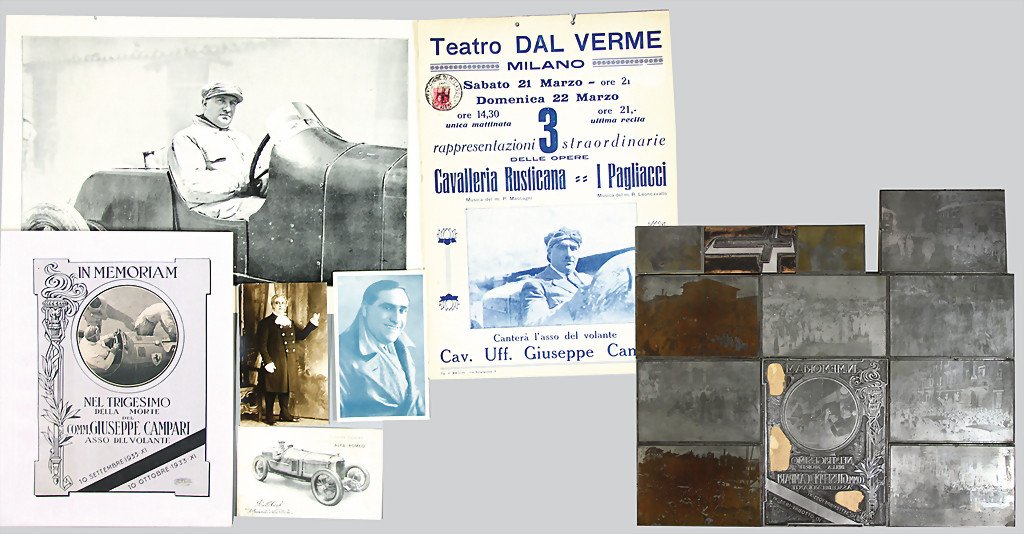 GIUSEPPE CAMPARI mixed lot of 6 pieces,, among them 1x: GIUSEPPE CAMPARI mixed lot of 6 pieces,, among them 1x brochure September 1933 with the title "In Memoriam" on the occasion of the burial of Giuseppe Campari, with 3x photo postcards Campari, among th