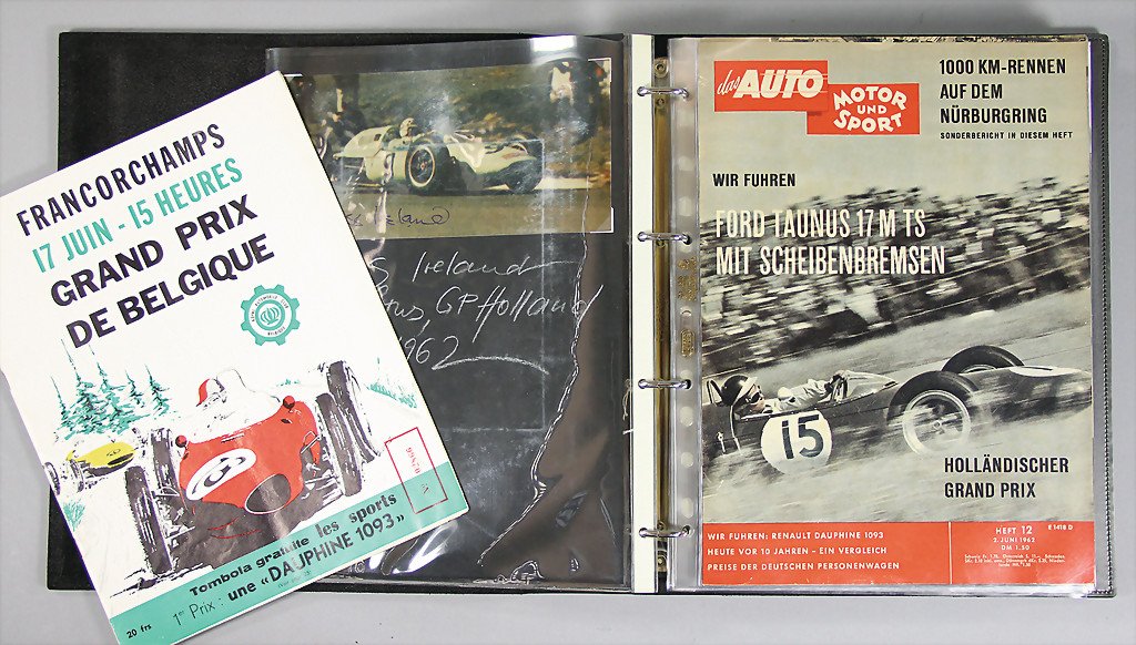 formula 1 season 1962/63, portfolio with many: formula 1 season 1962/63, portfolio with many contemporary press reports, programmes, BRM and Lotus table banners and autographed photos of Innes Ireland, Graham Hill, Tony Maggs, Dan Gurney, etc., th