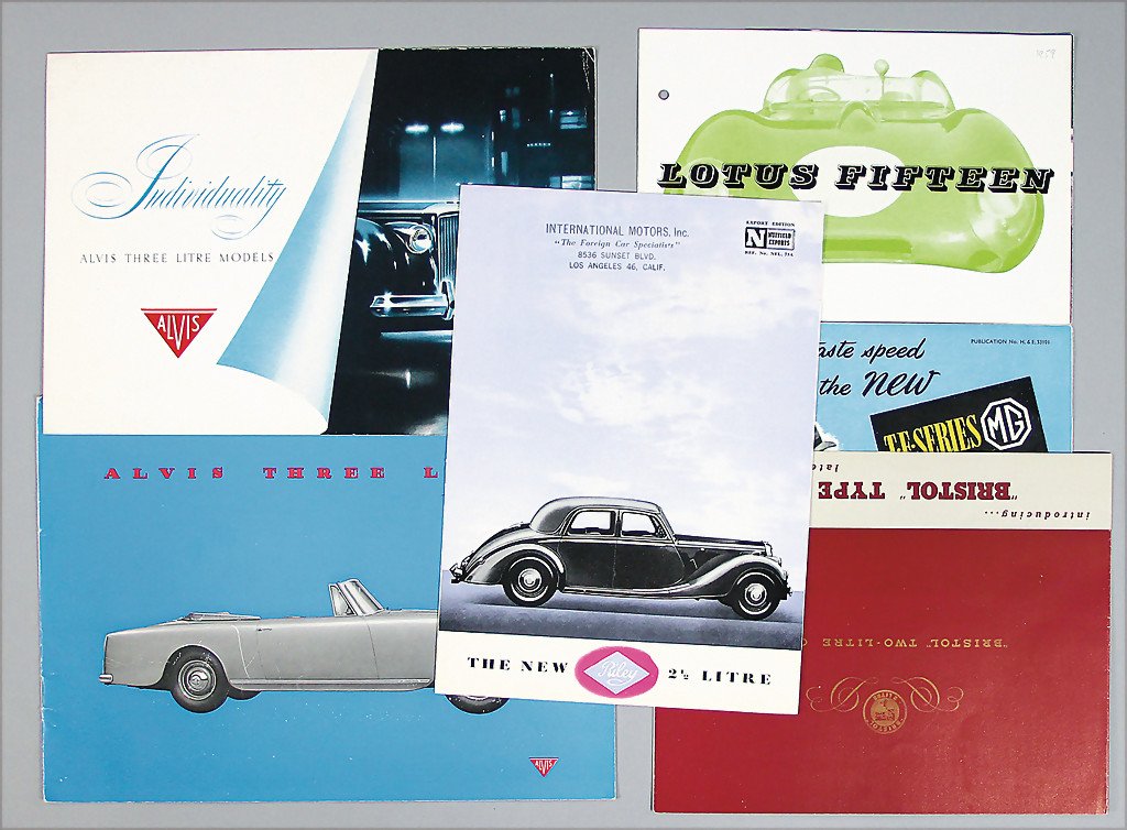 '50s/'60s, mixed lot of 6 pieces, No. 1: fold-out: '50s/'60s, mixed lot of 6 pieces, No. 1: fold-out brochure Lotus Fifteen, punched, No. 2: Alvis sales brochure type 3 litre, No. 3: fold-out brochure, 8 pages, Riley type 2,5 litre, No. 4: sales broch
