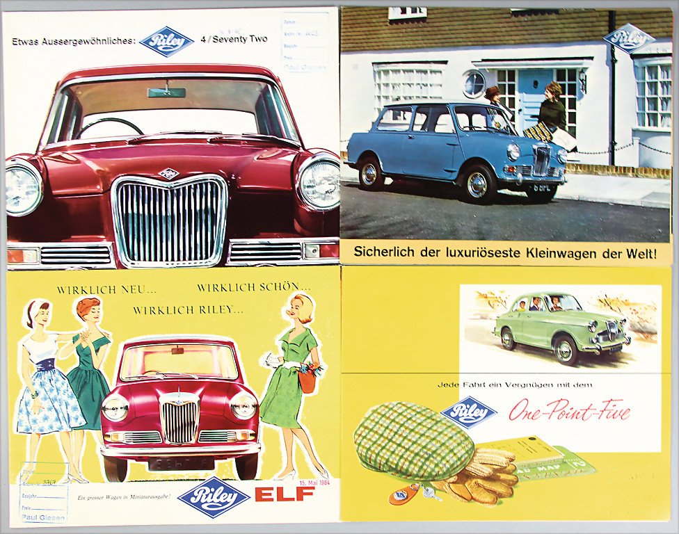 RILEY 4 brochures, '60s, among them type 11, 4-Seventy: RILEY 4 brochures, '60s, among them type 11, 4-Seventy Two, all with German text, condition: 2- German Description RILEY 4 Prospekte, 60er Jahre, darunter Typ 11, 4-Seventy Two, alles deutscher Text, 
