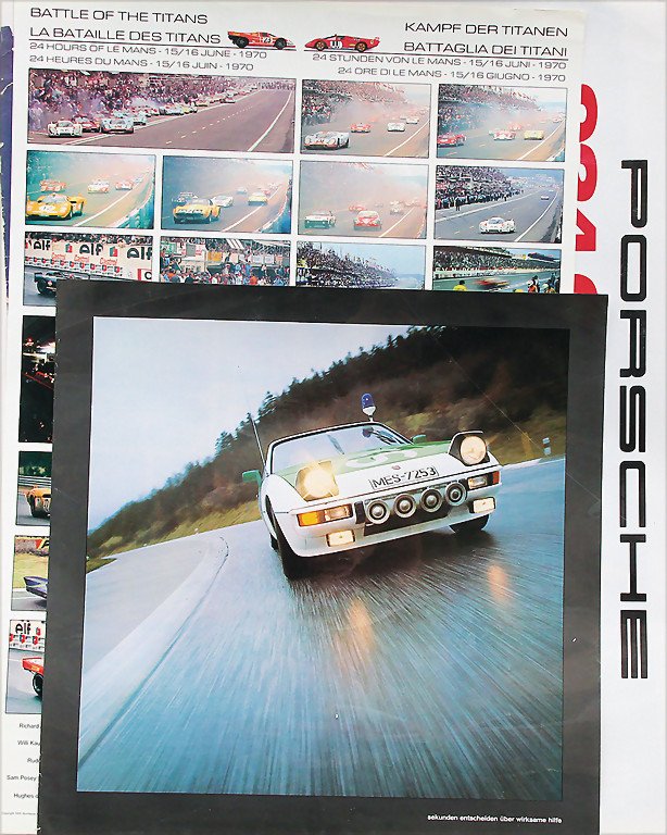 PORSCHE posters, mixed lot 4 pieces, No. 1: racing: PORSCHE posters, mixed lot 4 pieces, No. 1: racing poster Riverside Can-AM, bad general condition, design by Strenger, No. 2: Porsche advertisement poster, 924 Carrera GT, 1980, design by Strenger, go