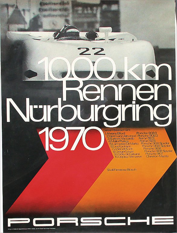 PORSCHE RACING POSTER 1970, 1000 km race Nürburgring: PORSCHE RACING POSTER 1970, 1000 km race Nürburgring 1970, Shell/Firestone/Bosch, study Strenger, 101 x 76 cm, condition 2 German Description PORSCHE RENNPLAKAT 1970, 1000 km Rennen Nürburgring 1970