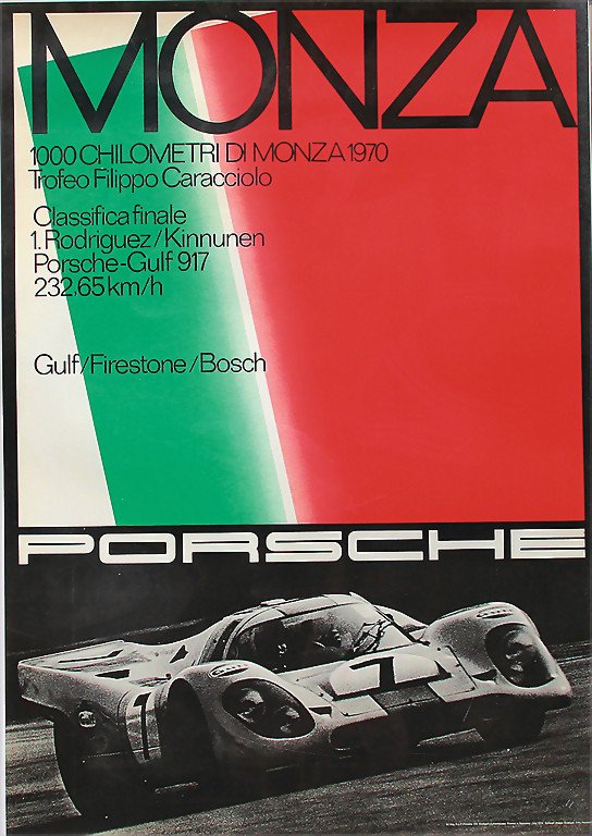 PORSCHE RACING POSTER 1970, Monza 1000 chilometri di: PORSCHE RACING POSTER 1970, Monza 1000 chilometri di Monza 1970, Trofeo Filipo Caracciola, Gulf/Firestone/Bosch, study Strenger, 118 x 84 cm, condition 2 German Description PORSCHE RENNPLAKAT 1970, Mo