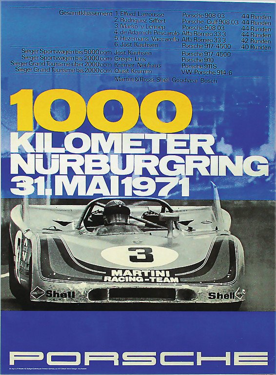 PORSCHE RACINGPOSTER 1971, 1000 km Nürburgring May: PORSCHE RACINGPOSTER 1971, 1000 km Nürburgring May 31st, 1971, Martini and Rossi/Shell/Goodyear/Bosch, study Strenger, 101 x 76 cm, condition 2 German Description PORSCHE RENNPLAKAT 1971, 1000 km Nü