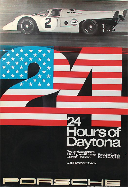 PORSCHE RACING POSTER 1970, 24 Hours of Daytona,: PORSCHE RACING POSTER 1970, 24 Hours of Daytona, Gulf/Firestone/Bosch, study Strenger, 118 x 84 cm, condition 2 German Description PORSCHE RENNPLAKAT 1970, 24 Hours of Daytona, Gulf/Firestone/Bosch, E