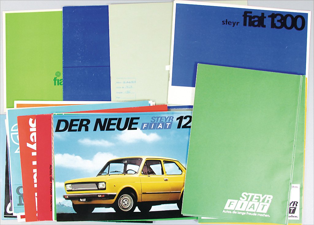 STEYR/FIAT 25 brochures, mid '60s till the early '70s,: STEYR/FIAT 25 brochures, mid '60s till the early '70s, e.g. type 1100/2300S/1500L/131 etc., different languages, condition: 2- German Description STEYR/FIAT 25 Prospekte, Mitte 60er bis Anfang 70er Ja