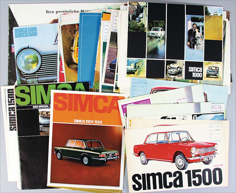 SIMCA 60 brochures, c. early '60s - mid '70s, e.g.: SIMCA 60 brochures, c. early '60s - mid '70s, e.g. Simca 1500/1501/1301/1100/Ariane/P60/1307/1000, different languages, condition: 2- German Description SIMCA 60 Prospekte, ca. Anfang 60er – Mitte 7