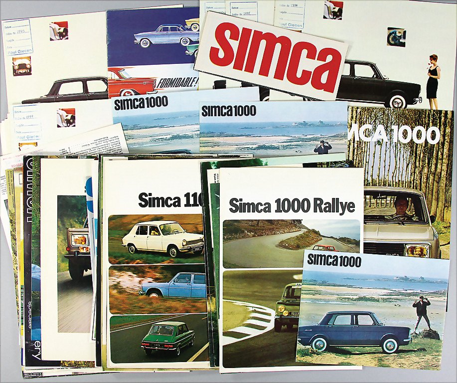 SIMCA 77 brochures, mid '50s - mid '70s, among them: SIMCA 77 brochures, mid '50s - mid '70s, among them e.g. Simca 1000/coupé/Aronde/Montlhery/Speziale/900C/ Elysee/Ariane, etc., in different languages, condition: 2- German Description SIMCA 77 Prospe