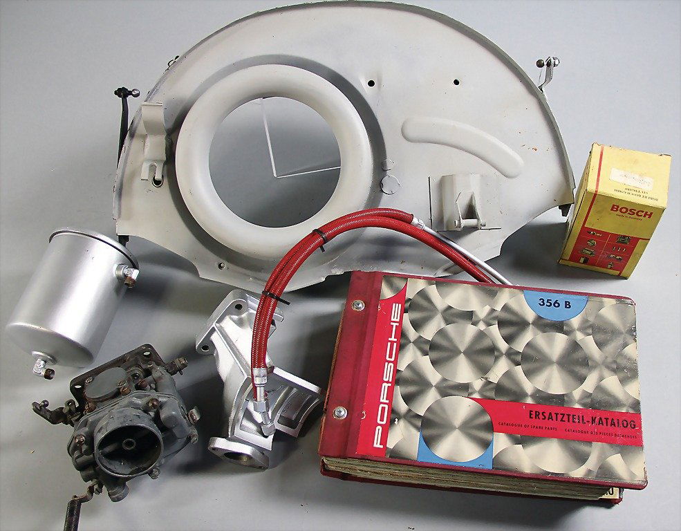 PORSCHE mixed lot of replacement parts, 12 pieces,: PORSCHE mixed lot of replacement parts, 12 pieces, among them catalog of replacement parts 356B/C, 2x Zenith carburetor 32 NDIX, 2x intake manifold 61608311, 1 x BOSCH starter Porsche 356 C, fixture 5