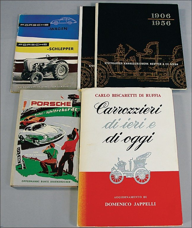 mixed lot 5 pieces, No. 1: book "Porsche: mixed lot 5 pieces, No. 1: book "Porsche Autos-Weltrekorde" by Sponsel 1953, No. 2: book "Porsche-Wagen Porsche-Schlepper ein Mann und ein Werk setzen sich durch", No. 3+4: 2 x commemorative publicati