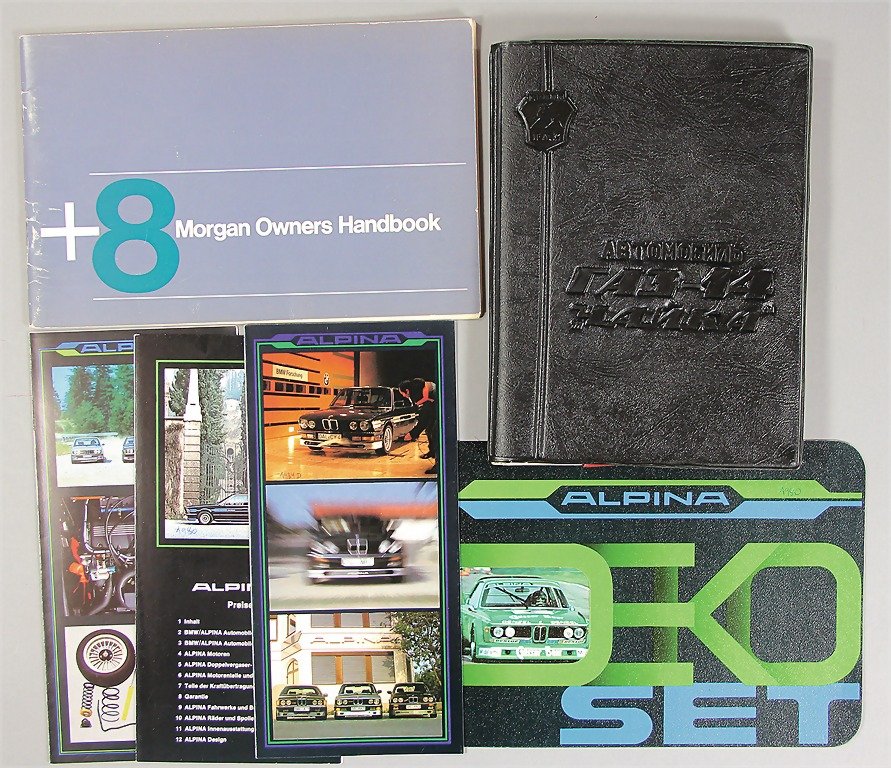 mixed lot of 6 pieces, operating instruction manual FA: mixed lot of 6 pieces, operating instruction manual FA 3-14 "Yahka", Russian, imitation leather cover, along with it 4 folders Alpina, all from the '80s, and also a manual "Morgan + 8 Owners Handbook 