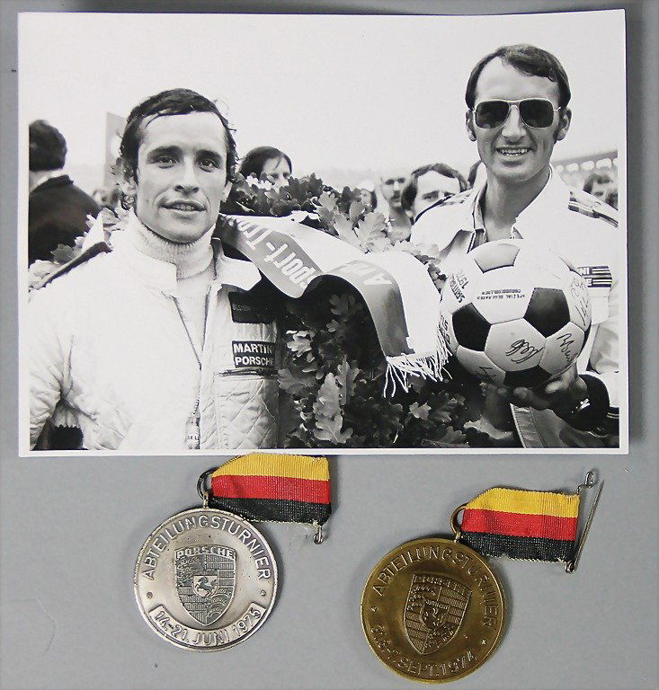 MANFRED JANTKE, ex Porsche sport and chief press: MANFRED JANTKE, ex Porsche sport and chief press officer original B/W press photo Jantke and Ickx at the Porsche sport tournament 1978, with 2 medals "Abteilungsturnier Fußball 1974 und 75" German De