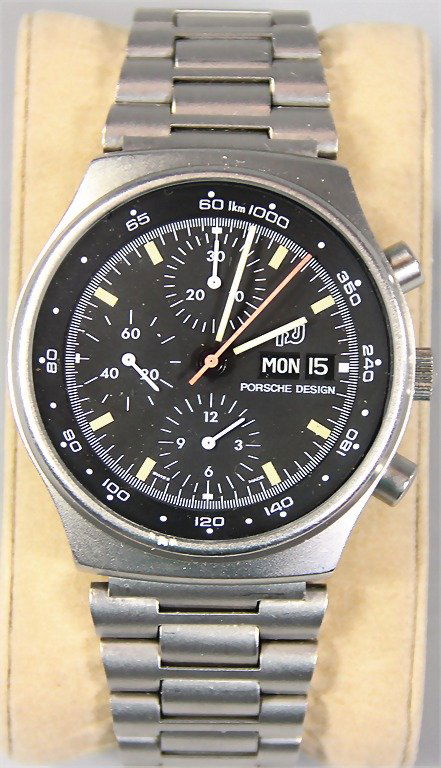 MANFRED JANTKE men's watch Porsche design chronograph: MANFRED JANTKE men's watch Porsche design chronograph Lemania 5100, on the back with engraving "Martini Porsche Team Weltmeister 1976 M. Jantke" presented for the victory of the sports car world champ