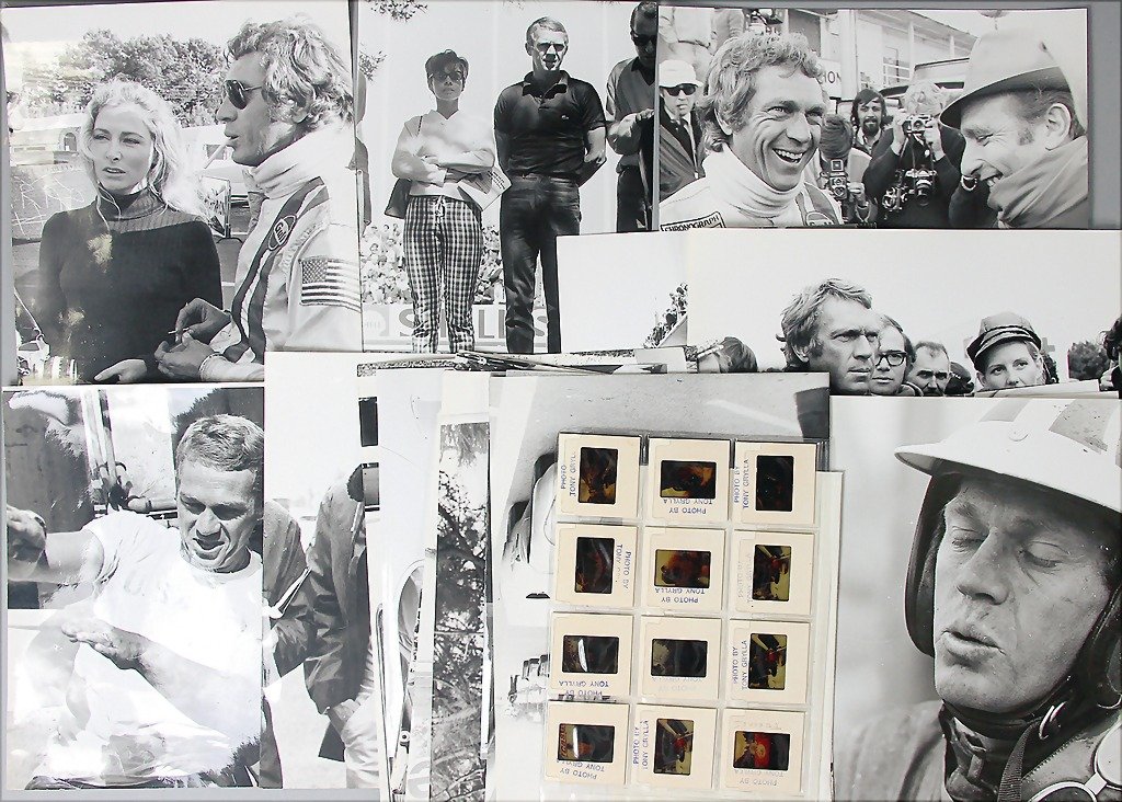 STEVE MCQUEEN mixed lot 36 pieces, among them 12: STEVE MCQUEEN mixed lot 36 pieces, among them 12 original color diapositives Steve McQueen 1970, pit-lane Le Mans, all photos are stamped with Tony Grylla, along with it 24 large-format original B/W p