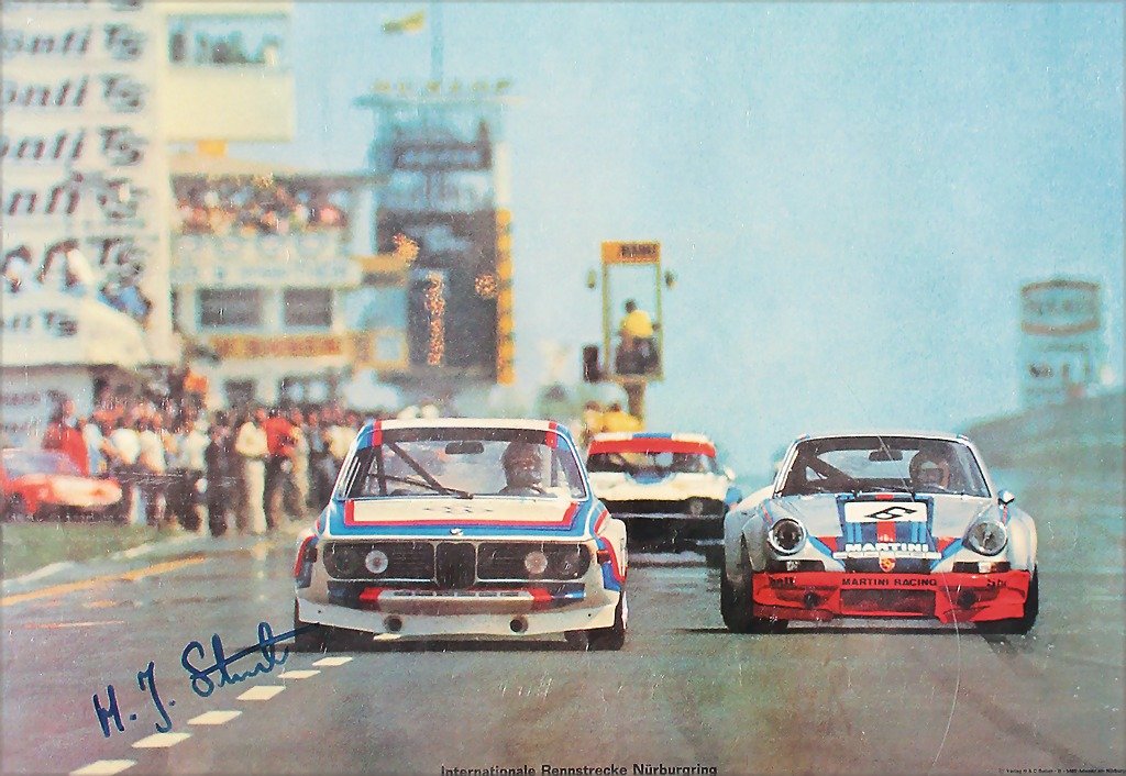 poster "Internationale Rennstrecke Nürburgring",: poster "Internationale Rennstrecke Nürburgring", autographed by Stuck, nice motif, c. 1975, 97 x 67 cm, condition 2-3 German Description Plakat "Internationale Rennstrecke Nürburgring", handsigniert