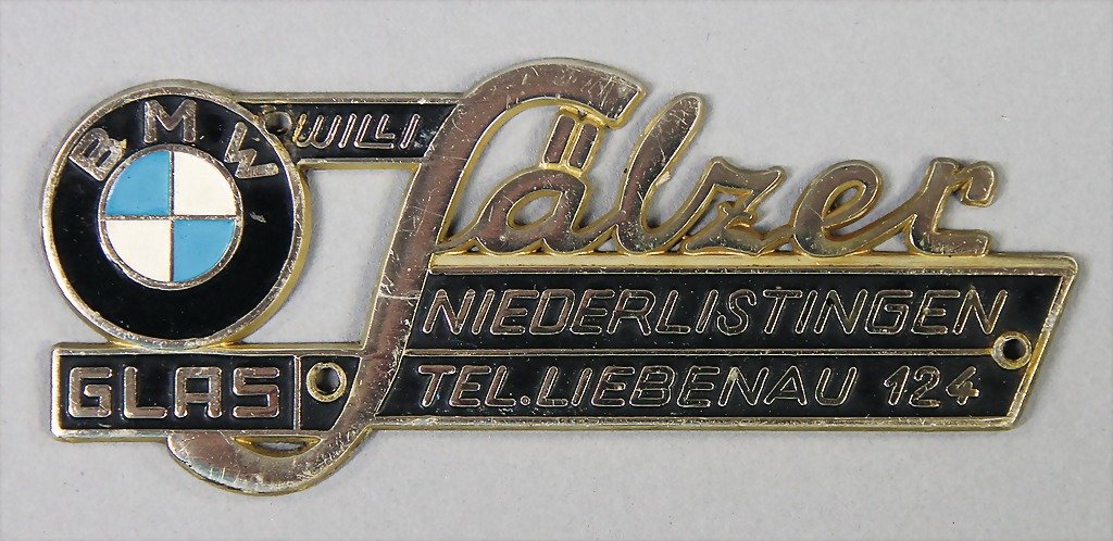 BMW/GLAS badge for the car body Willi Sälzer,: BMW/GLAS badge for the car body Willi Sälzer, Niederlistingen, 3.5 x 9.5 cm German Description BMW/GLAS Karosserieplakette Willi Sälzer, Niederlistingen, 3,5 x 9,5 cm