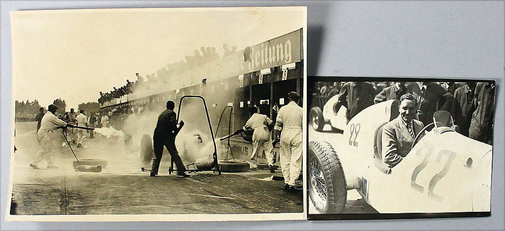 MANFRED VON BRAUCHITSCH mixed lot of 2 original B/W: MANFRED VON BRAUCHITSCH mixed lot of 2 original B/W photos, No. 1: Manfred von Brauchitsch 1934, Montlhery on the steering wheel of his W25, start number 22 No. 2: original B/W photo Grand Prix German