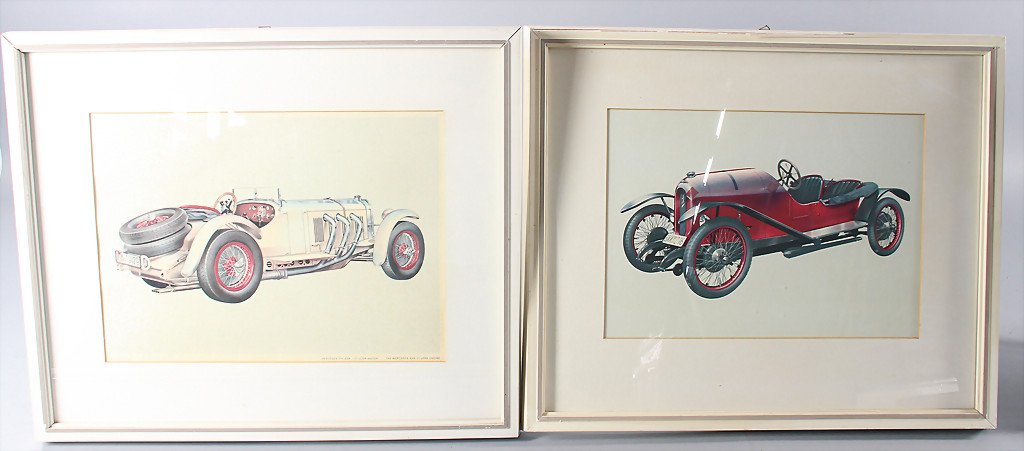 mixed lot of 2 art printings, all designed by Erich: mixed lot of 2 art printings, all designed by Erich Strenger, framed, in passepartout, each 47 x 57 cm, the illustrations shows the Sascha-racing car (Austro-Daimler, Mercedes-Benz type SSK and also a