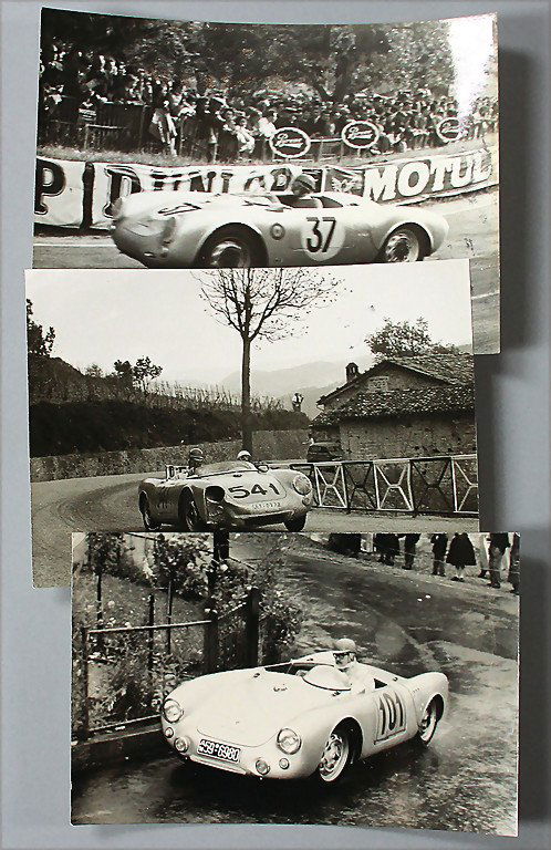 PORSCHE mixed lot of 3 original B/W photos Porsche 550: PORSCHE mixed lot of 3 original B/W photos Porsche 550 Spyder, 1 photo of Hanstein, Rheineck/Switzerland, July 1954, Seidel/Glöckler, Porsche 500 Mille Miglia 1955, 1 photo 24 hours Le Mans, Polensky