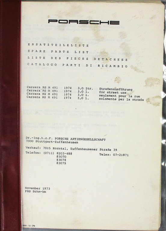 PORSCHE Novmeber 1973, Ersatzteilleliste Porsche (1 of 1)