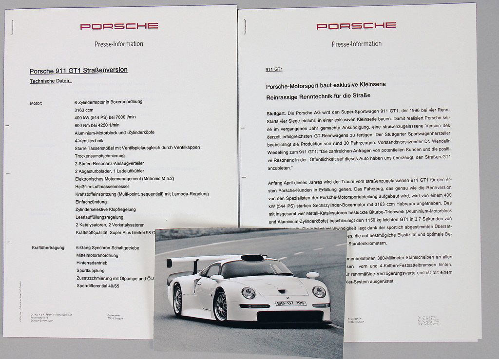 PORSCHE press report 911 GT1, "Reinrassige Renntechnik (1 of 1)