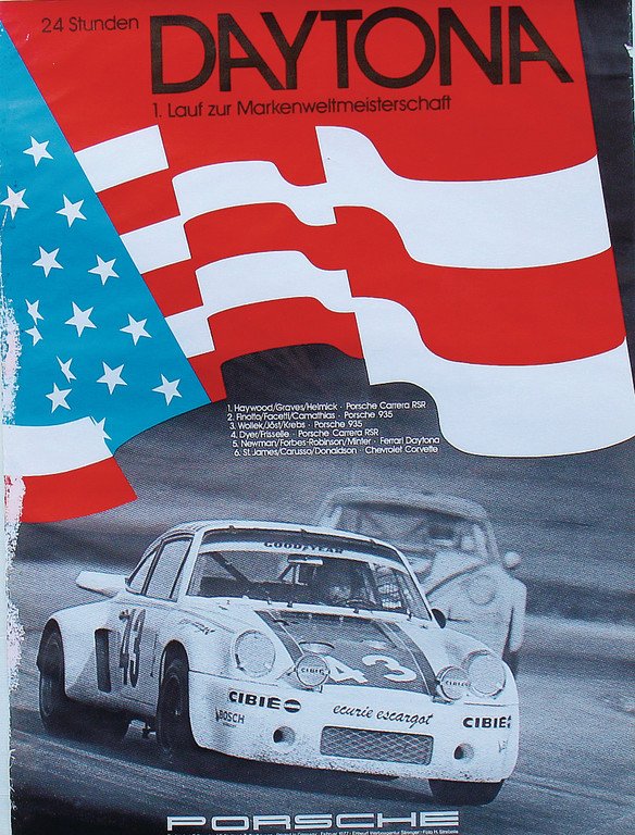 PORSCHE racing poster "24 Stunden Daytona" from 1977,: PORSCHE racing poster "24 Stunden Daytona" from 1977, design by Strebelle, 101 x 76 cm, edge with strong traces of usage, condition 3- German Description PORSCHE Rennplakat "24 Stunden Daytona" von 19