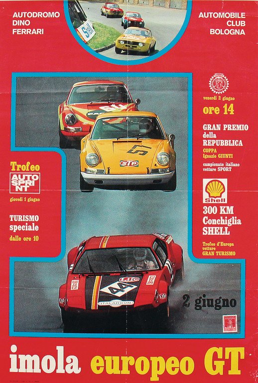 poster Imola Europeo GT, early '70s, 68 x 47 cm, with: poster Imola Europeo GT, early '70s, 68 x 47 cm, with traces of folding, smaller tear, creased German Description Veranstaltungsplakat Imola Europeo GT, Anfang 70er Jahre, 68 x 47 cm, mit Faltspuren, 