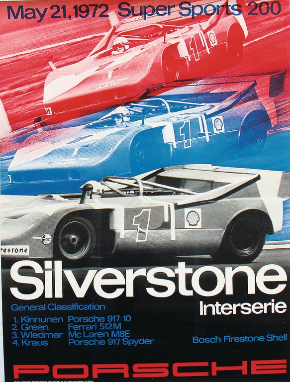 PORSCHE Silverstone Interserie 1972, design by: PORSCHE Silverstone Interserie 1972, design by Strenger, 101 x 76 cm, condition 2 German Description PORSCHE Silverstone Interserie 1972, Entwurf Strenger, 101 x 76 cm, Zust. 2