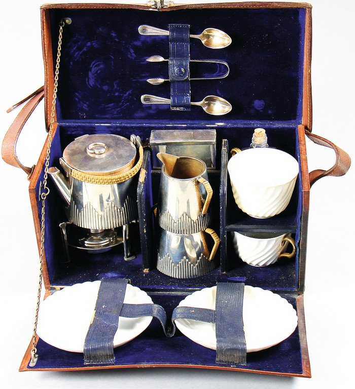 WATT & SONS c. 1905, tea set, brown, grain leather, 30 (1 of 1)