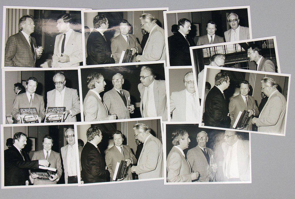 PORSCHE mixed lot of 11 original B/W photos Ingo Seiff: PORSCHE mixed lot of 11 original B/W photos Ingo Seiff at the book presentation in Porsche-factory, together with Wolfgang Porsche, Manfred Jantke, with Huschke von Hanstein German Description PORSCHE
