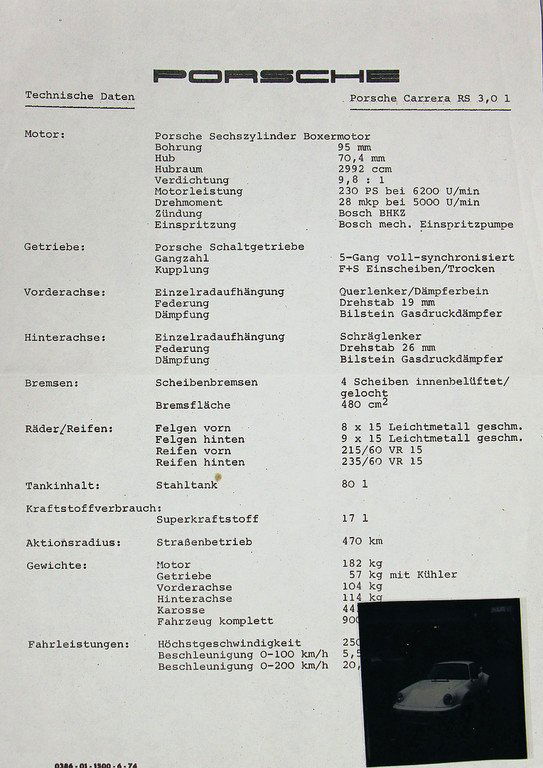 PORSCHE Germany 1974, technical data Porsche Carrera RS (1 of 1)