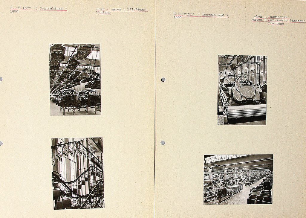 VOLKSWAGEN 4 original B/W press photos of the VW-Beetle: VOLKSWAGEN 4 original B/W press photos of the VW-Beetle production 1959, photos are showing a paintshop, car body construction, assembling of the car body, interior, g lued on cardboard, always 9 x 6.