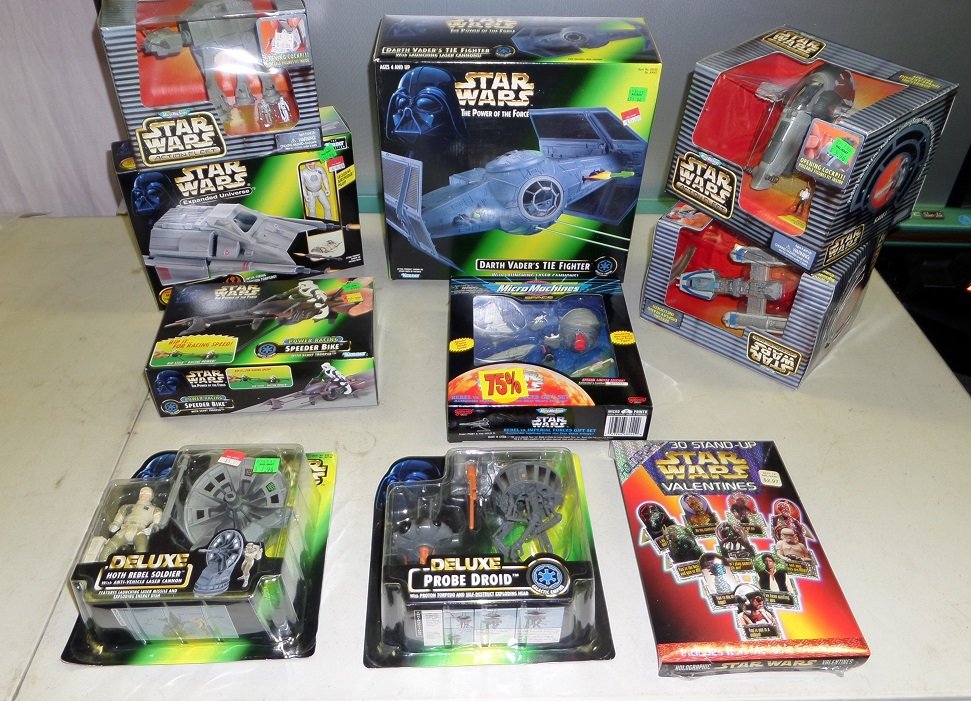 Star Wars collectables, 1990's ~ Darth Vader Tie Fighter, Airspeeder, Action Fleet, etc.: Star Wars collectables, 1990's ~ Darth Vader Tie Fighter, Airspeeder, Action Fleet, Speeder bike and more ~ all in original factory packaging ~ in tote