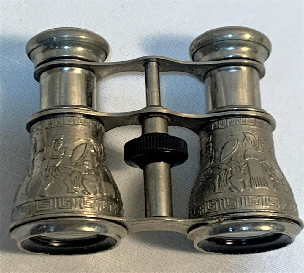 1940's Opera Glasses: Field Binoculars, Egyptian Motif, Silver Alloy, Occupied Japan