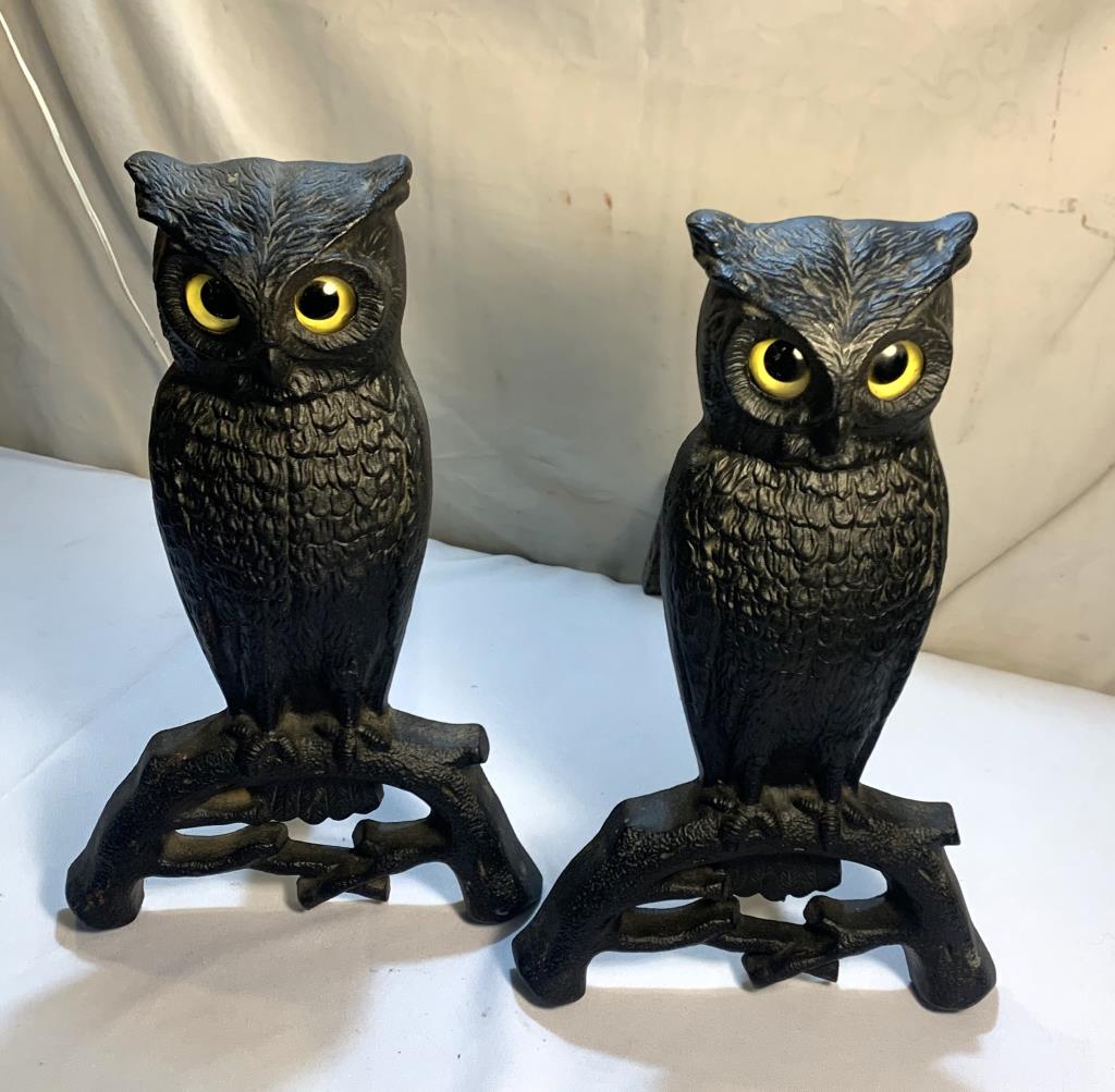 Vtg Cast Iron Owl Andirons W/ Glass Eyes (1 of 8)