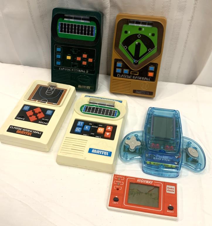 (4) 2000-2003 Mattel Sports Handheld Games: All Work - Classic Baseball, Basketball, Football 1 &2