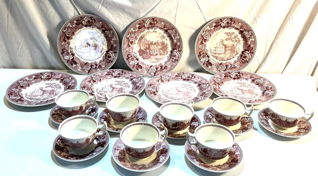 Wedgewood China Set: Colby Junior College Original Academy Building- (7) 8.5" Plates & (8) Cups & Saucers