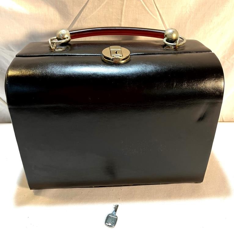 Vtg Cosmetic Case With Bakelite Handle: Vtg Cosmetic Case With Bakelite Handle & Key -12" L X 9" T X 7" D