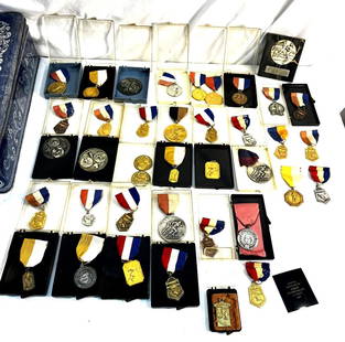 Large Lot 1960's Medals: 1960's Medals~ 2 Sterling(46.7 Grams)1- 10ktgf, Pewter & Plated In Tin(14"l X 8" W X 4"t)