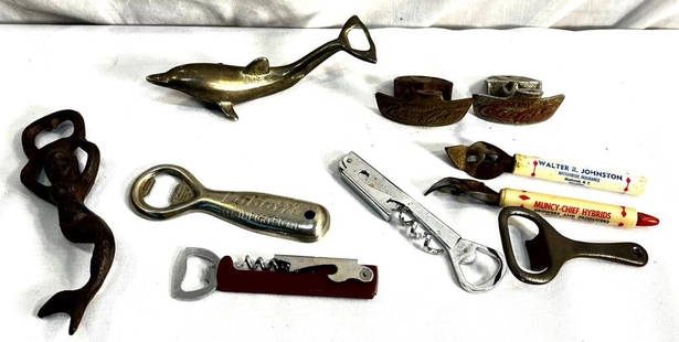 Vtg Bottle Openers: Walter R. Johnson And Muncy-chief Hybrids Advertising, Cast Iron Mermaid, Coca-cola, Labott's Beer Etc.