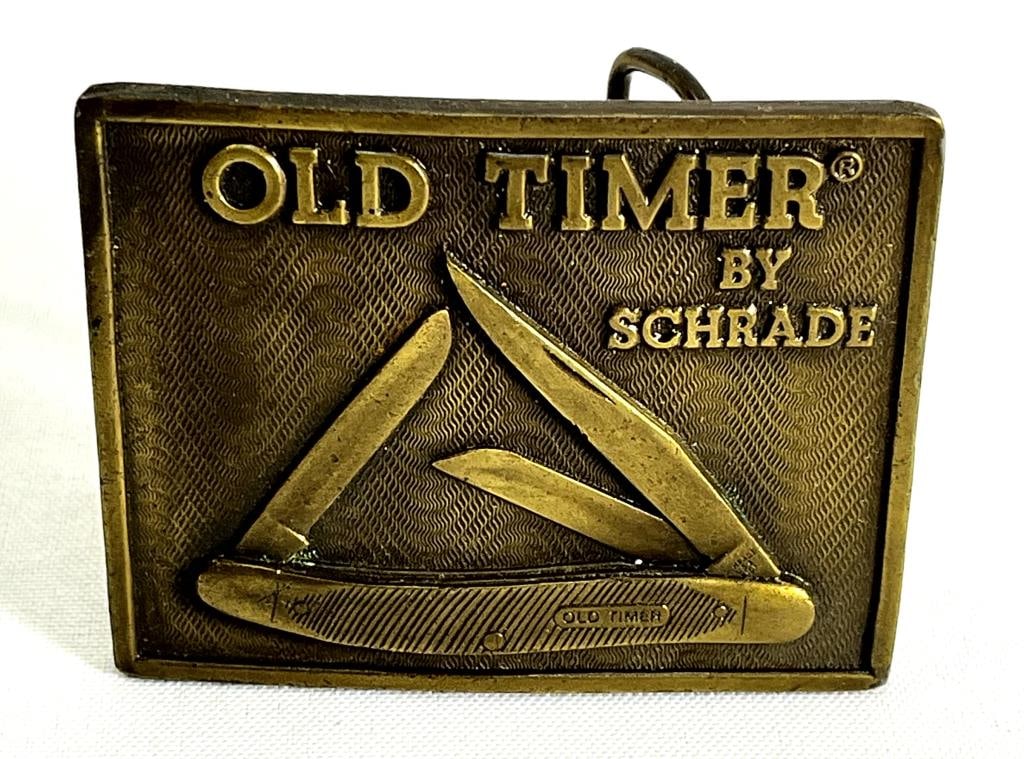 Old Timer By Schrade Belt Buckle: Brass Schrade Cutlery Corp. Elenville Ny 12428